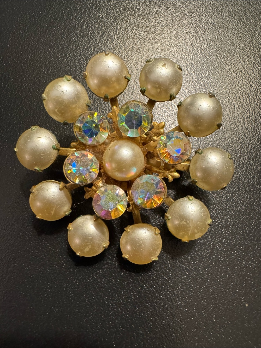 Vintage AB Rhinestone Faux Pearl Starburst Brooch